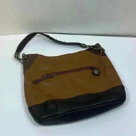 The Sak Leather Two Tone Shoulder Bag Braided Strap Brass Hardware Purse - Picture 1 of 12